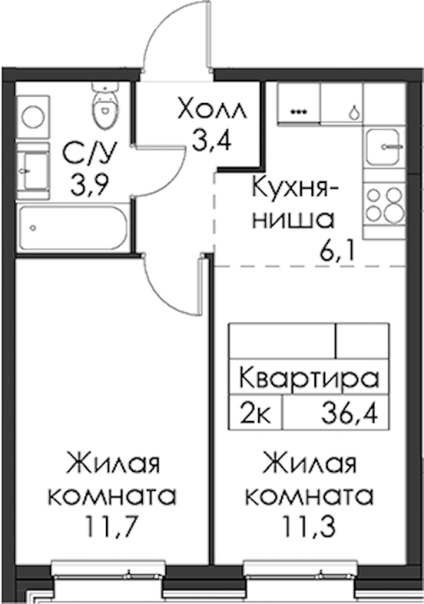 1-комнатная квартира 36.4 м², 2/8 эт., ЖК «Шкиперский 19»